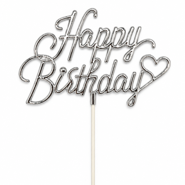 Çubuklu Happy Birthday Pasta Süsü Gümüş