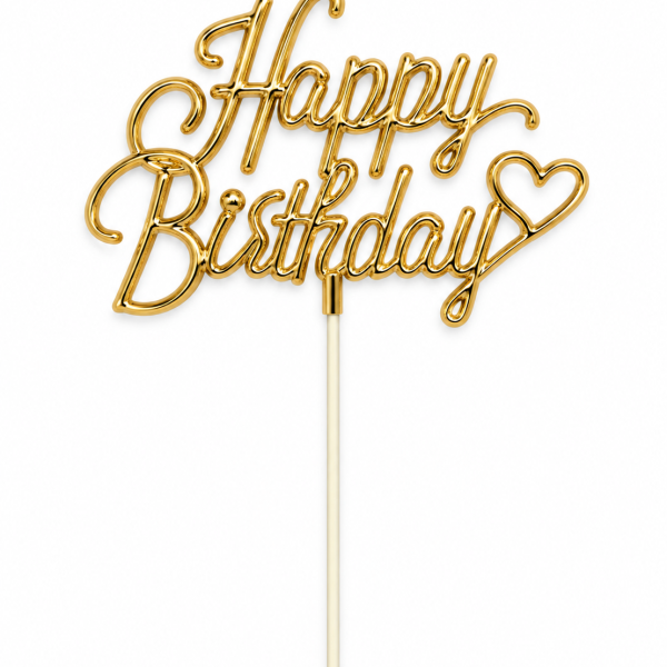 Çubuklu Happy Birthday Pasta Süsü Gold